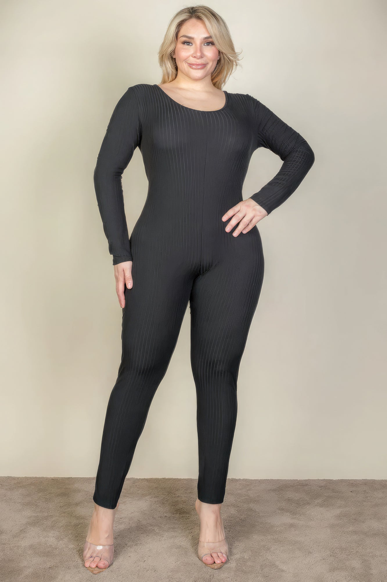 Ribbed Scoop Neck Long Sleeve Jumpsuit