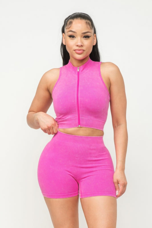 Washed Seamless Zipper Top And Shorts Set