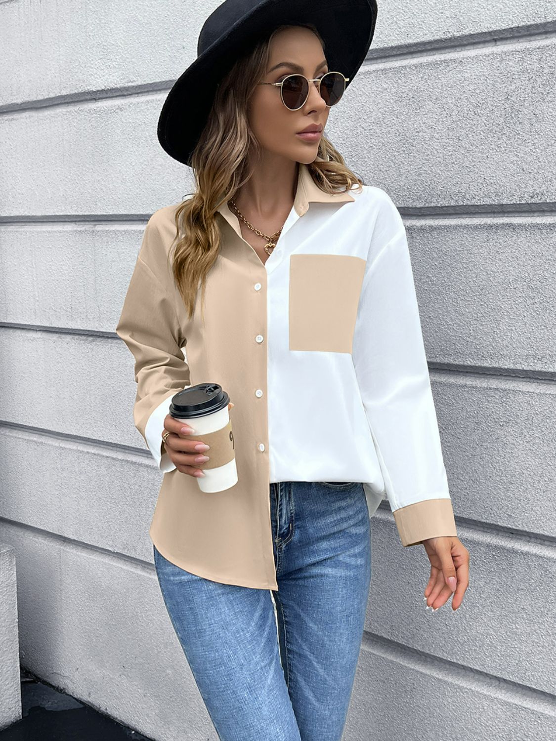 Color Block Button Down Shirt - Khaki / S Apparel & Accessories Wynter 4 All Seasons