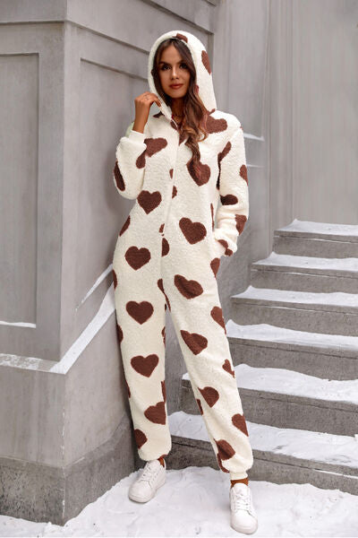 Fuzzy Heart Zip Up Hooded Lounge Jumpsuit - Burnt Umber / S Wynter 4 All Seasons