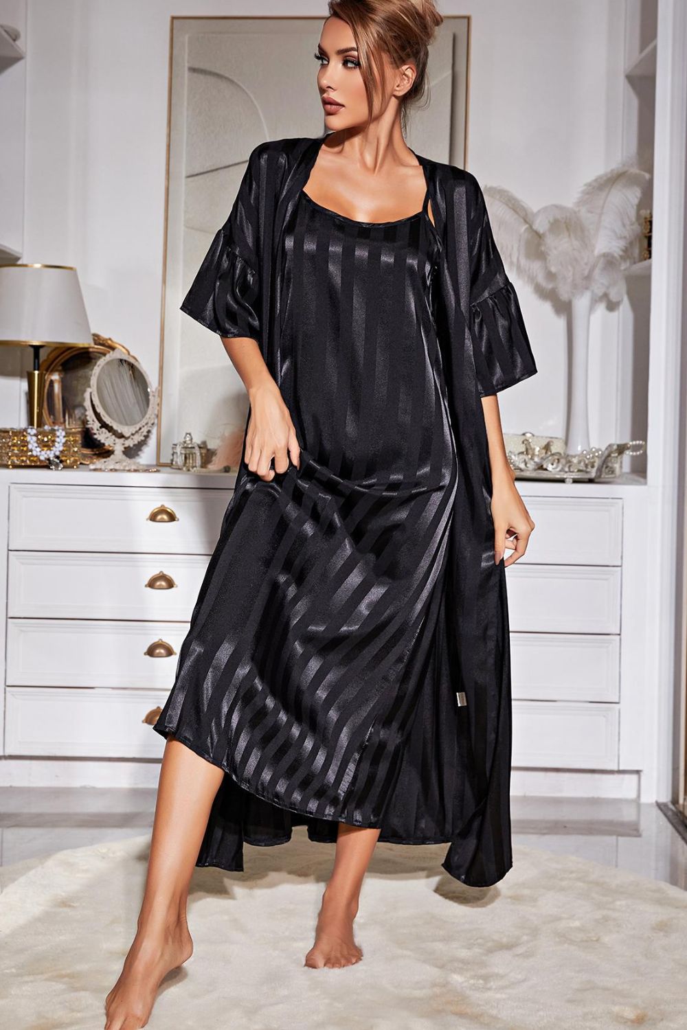 Striped Flounce Sleeve Open Front Robe and Cami Dress Set - Black / S Apparel & Accessories Wynter 4 All Seasons