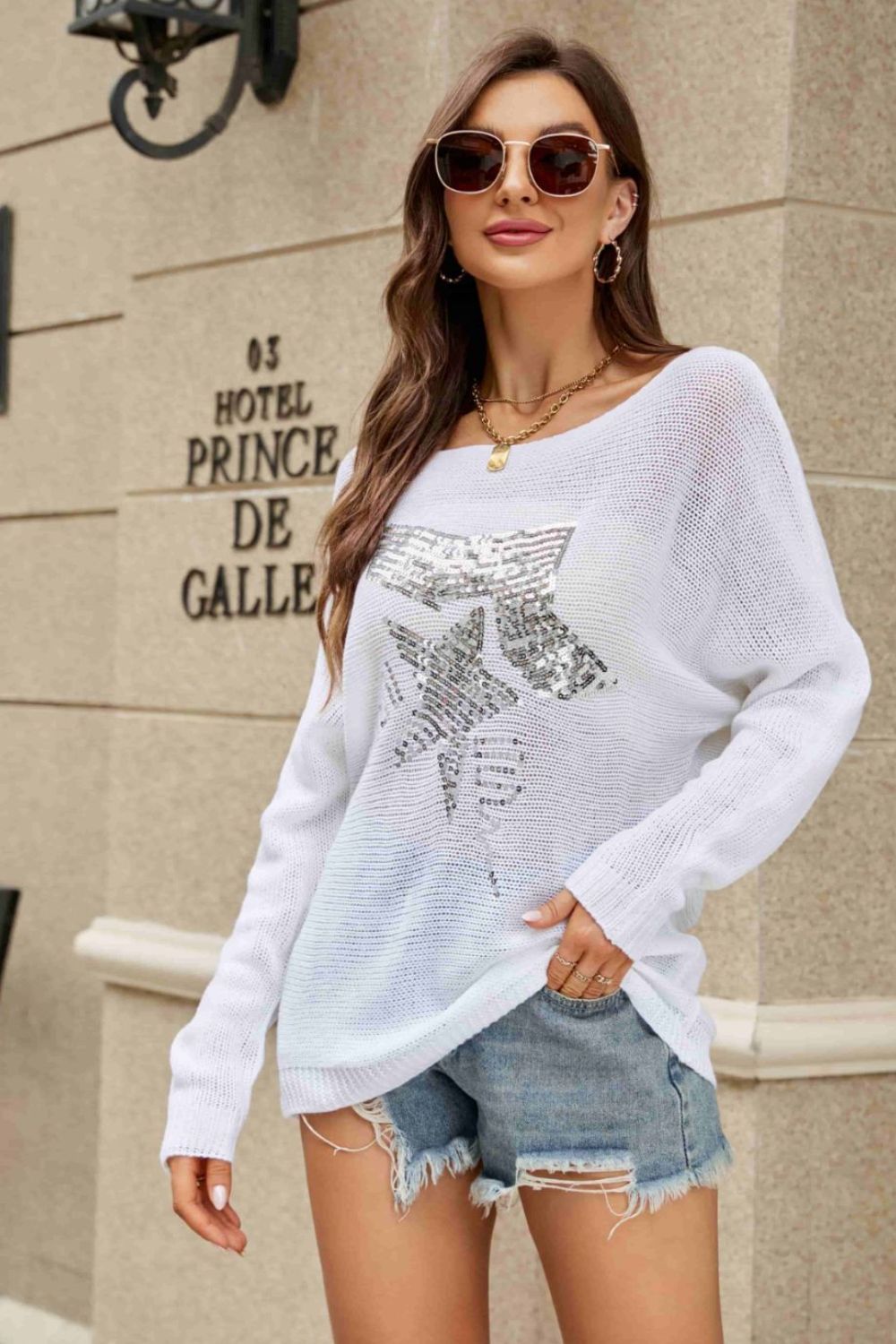 Sequin Graphic Dolman Sleeve Knit Top - White / S Apparel & Accessories Wynter 4 All Seasons