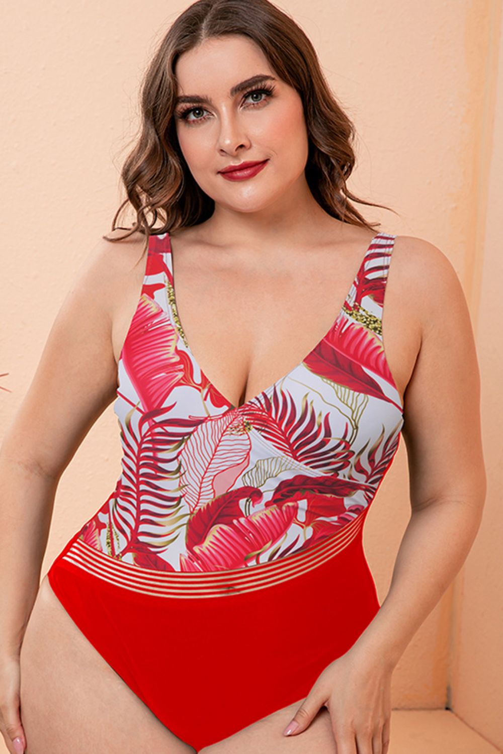 Full Size Two-Tone Plunge One-Piece Swimsuit Trendsi