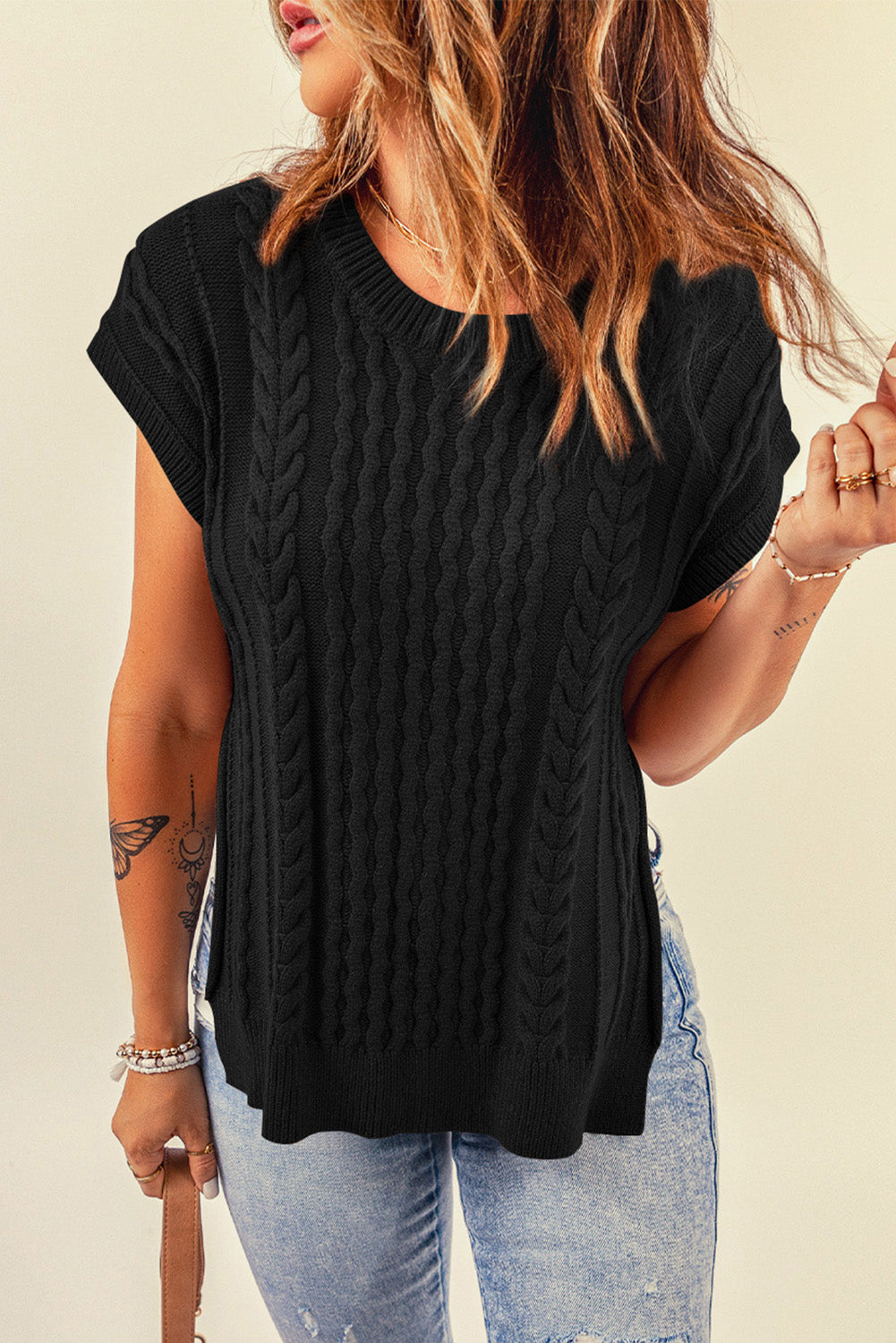 Cable-Knit Side Slit Sweater Vest - Girl Code