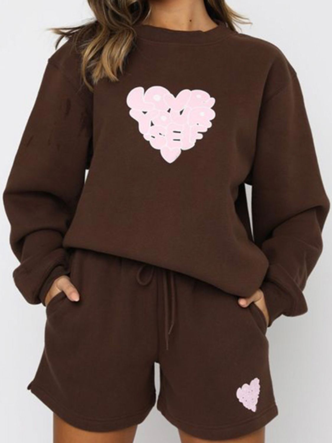 Graphic Sweatshirt and Shorts Set with Pockets - Chocolate / S Wynter 4 All Seasons