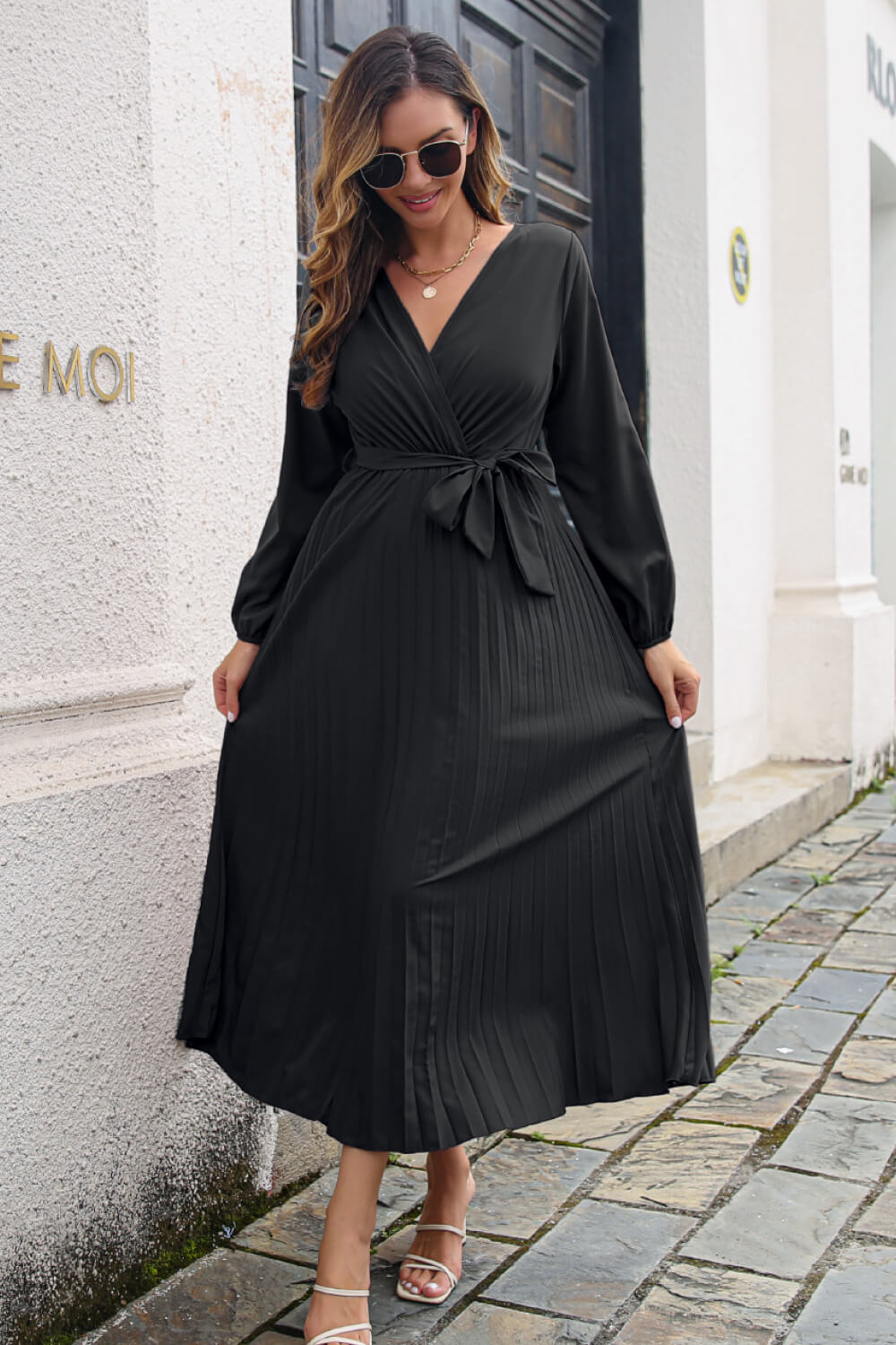 Pleated Long Sleeve Surplice Maxi Dress - Black / S Apparel & Accessories Wynter 4 All Seasons