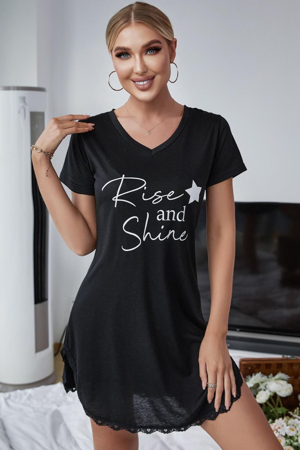 RISE AND SHINE Contrast Lace V-Neck T-Shirt Dress - Black / S Apparel & Accessories Wynter 4 All Seasons
