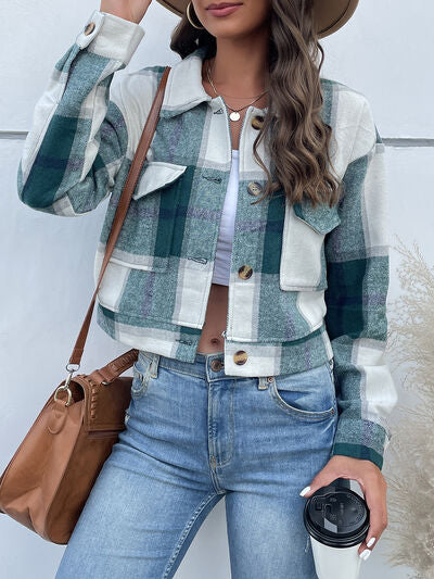 Plaid Button Up Drop Shoulder Cropped Jacket - Mid Green / S Wynter 4 All Seasons