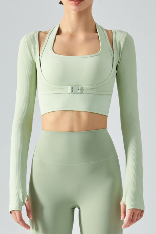 Ribbed Faux Layered Halter Neck Cropped Sports Top - Green / S Wynter 4 All Seasons