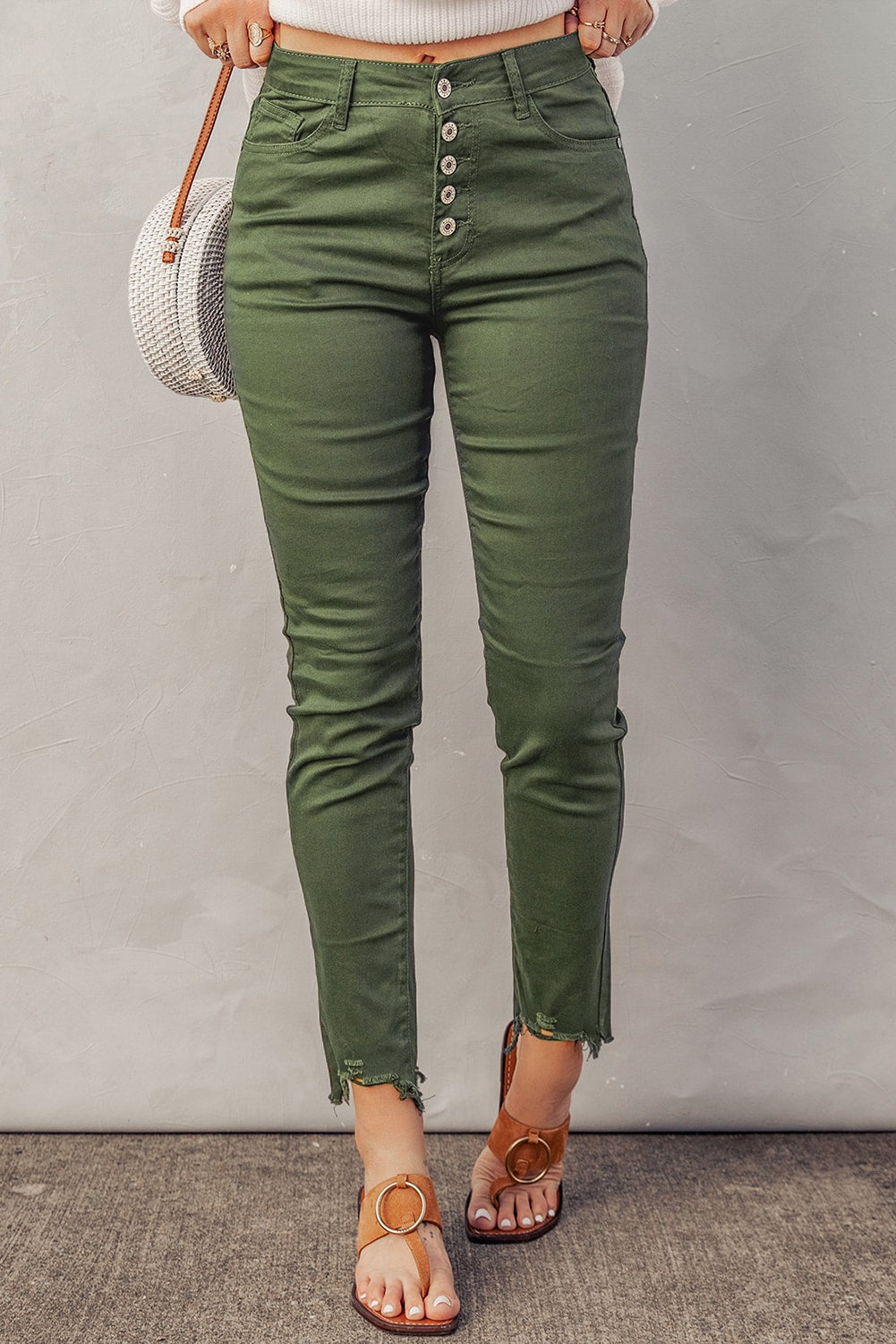 Button Fly Hem Detail Skinny Jeans - Moss / L Girl Code