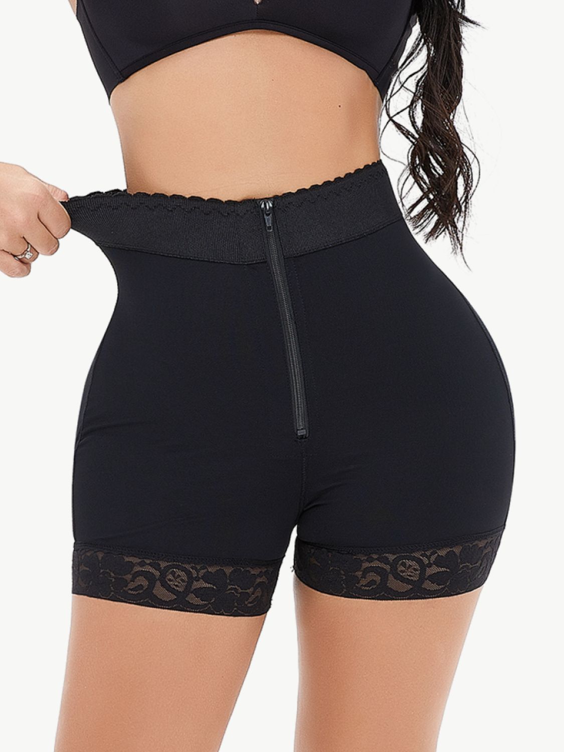 Full Size Zip-Up Lace Trim Shaping Shorts - Black / S Wynter 4 All Seasons
