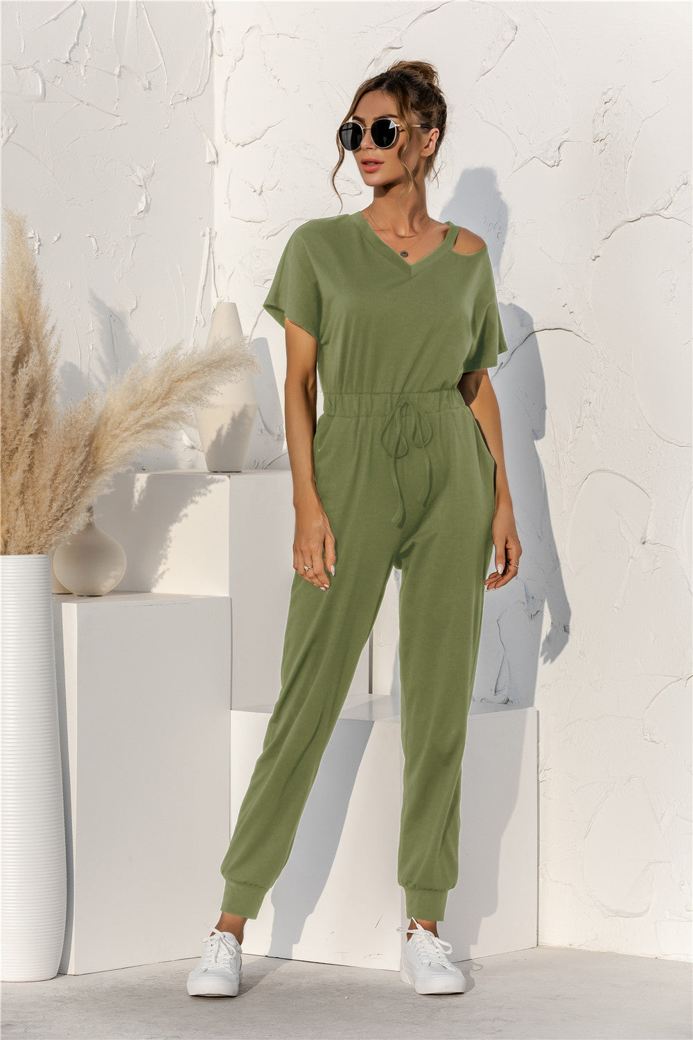 Cut Out V-neck Drawstring Jumpsuit - Green / S Apparel & Accessories Girl Code