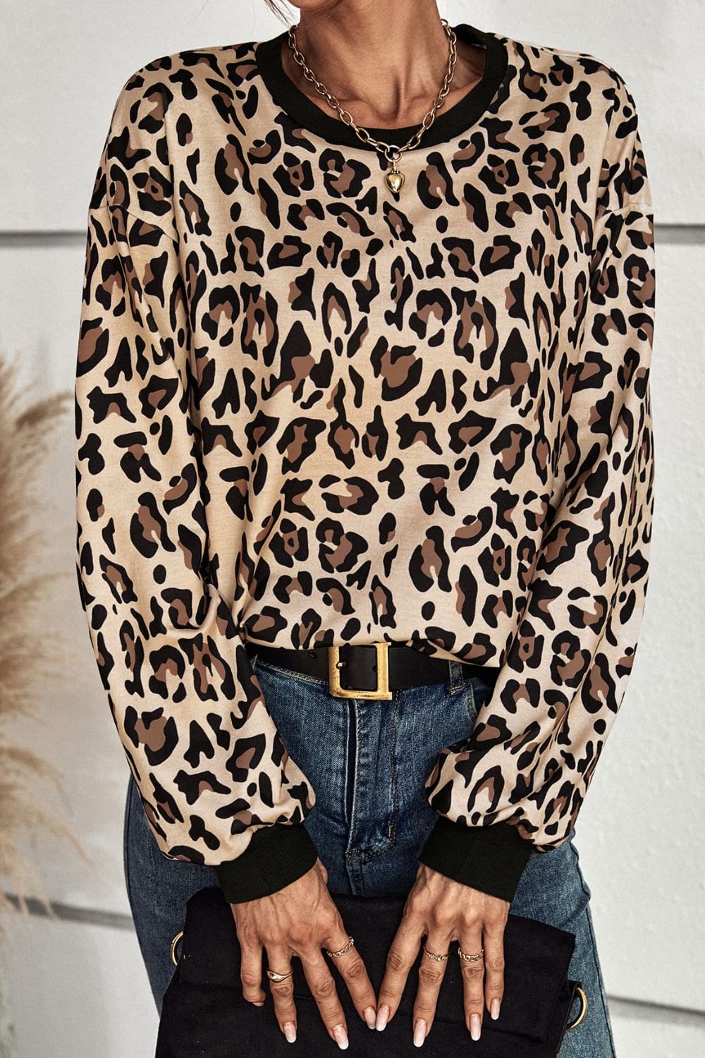 Leopard Round Neck Dropped Shoulder Sweatshirt - Beige/Leopard / S Apparel & Accessories Wynter 4 All Seasons