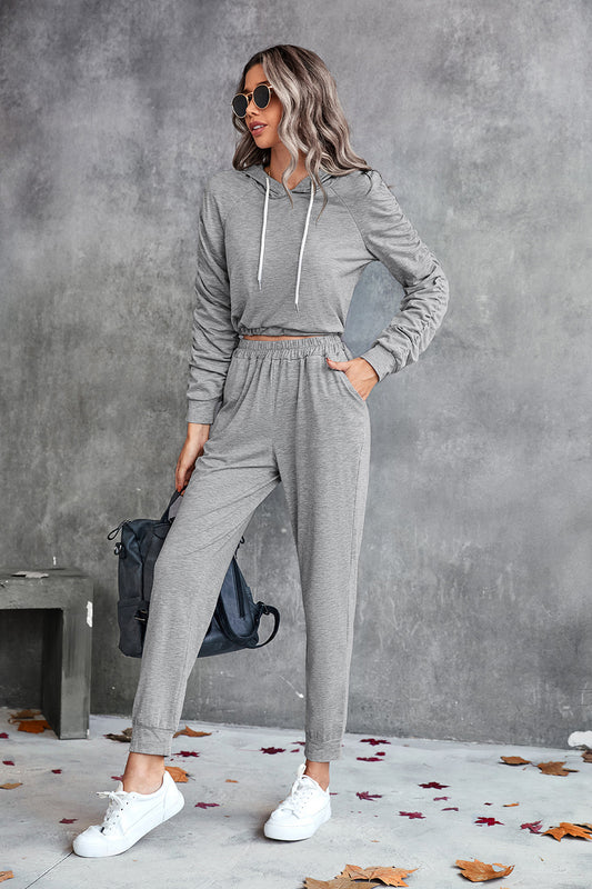 Ruched Raglan Sleeve Hoodie and Joggers Set - Black / S Apparel & Accessories Wynter 4 All Seasons