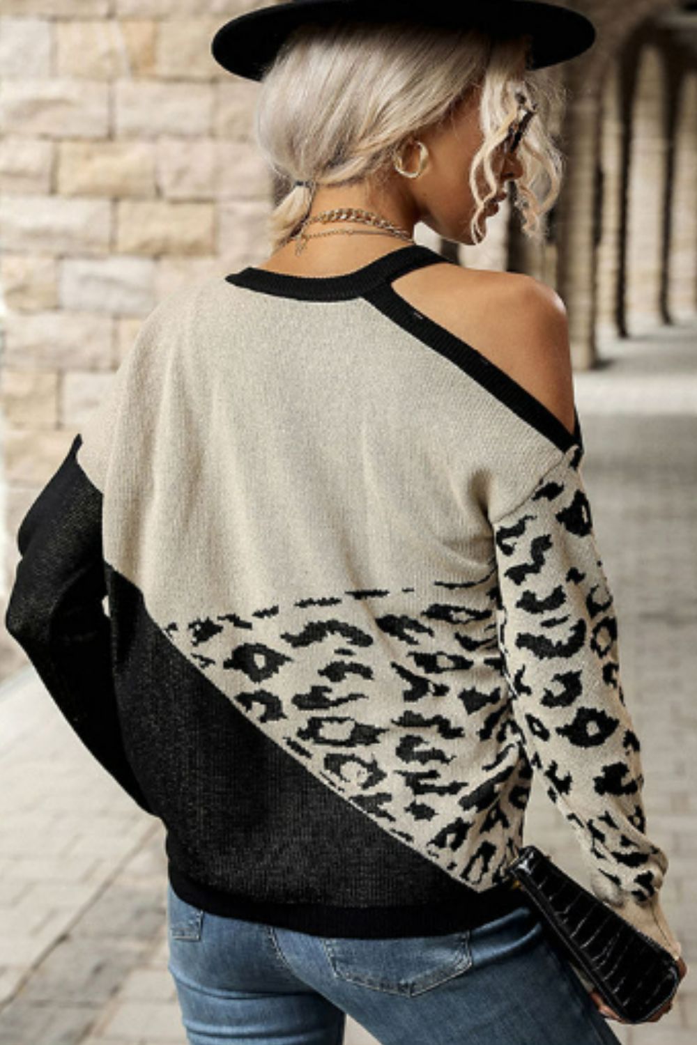 Leopard Color Block Cold-Shoulder Sweater Trendsi