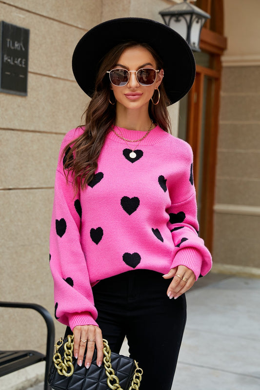 Heart Pattern Lantern Sleeve Round Neck Tunic Sweater - Rose / S Apparel & Accessories Wynter 4 All Seasons