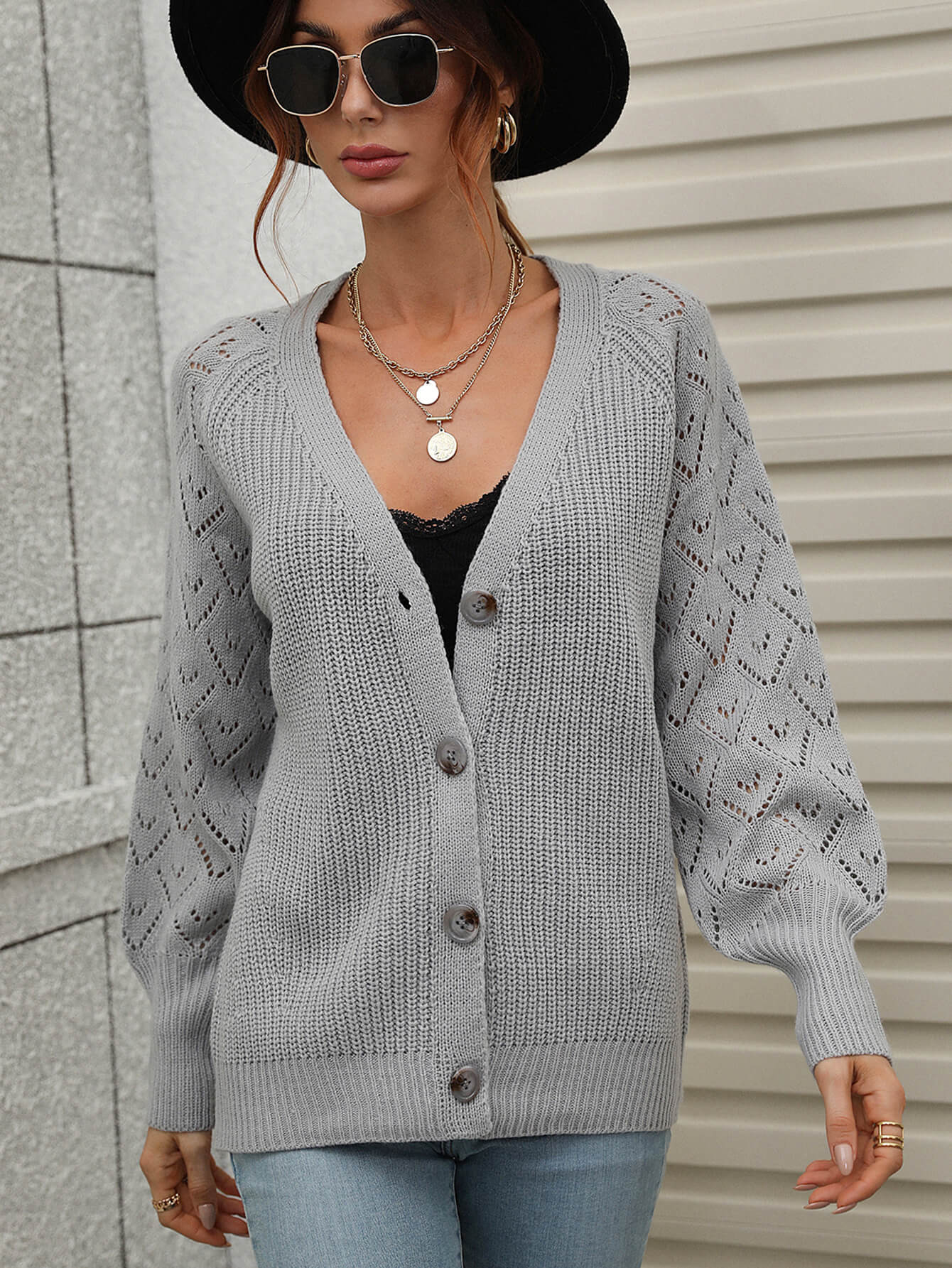 Rib-Knit Plunge Raglan Sleeve Cardigan - Gray / S Shirts & Tops Wynter 4 All Seasons