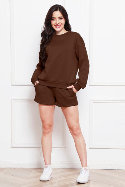 Round Neck Long Sleeve Sweatshirt and Drawstring Shorts Set - Chocolate / S Wynter 4 All Seasons
