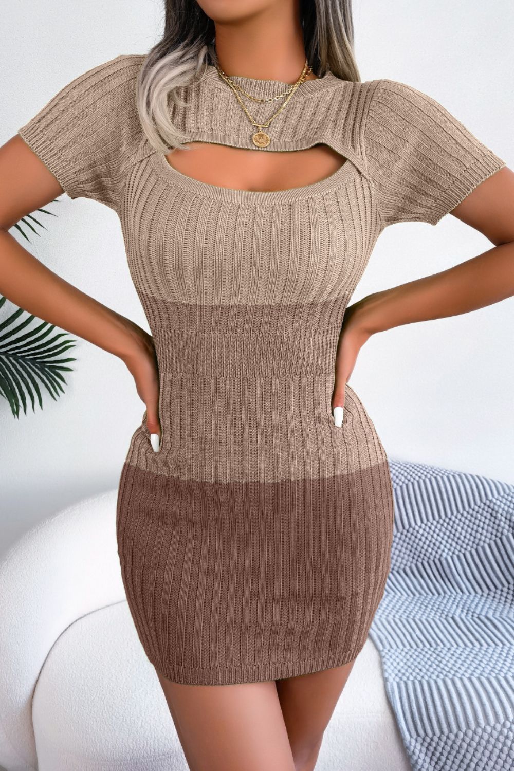 Color Block Cutout Short Sleeve Sweater Dress - Tan / S Wynter 4 All Seasons