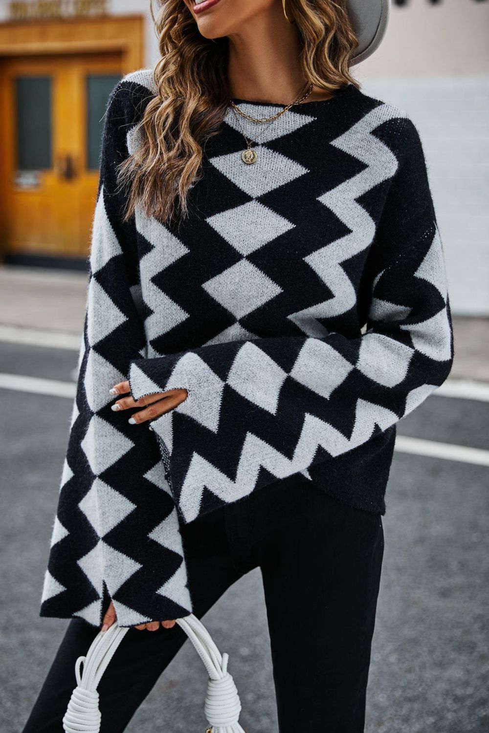 Geometric Slit Flare Sleeve Round Neck Sweater Trendsi