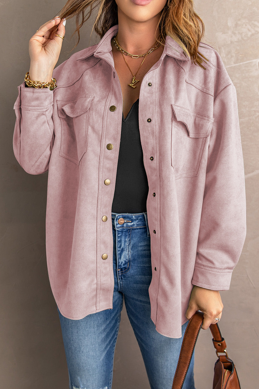 Suede Snap Front Dropped Shoulder Jacket - Pink / M Apparel & Accessories Wynter 4 All Seasons