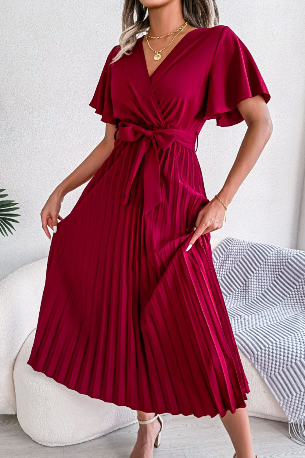 Pleated Flutter Sleeve Belted Dress - Red / S Apparel & Accessories Wynter 4 All Seasons