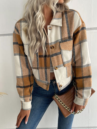 Plaid Button Up Drop Shoulder Cropped Jacket - Tan / S Wynter 4 All Seasons