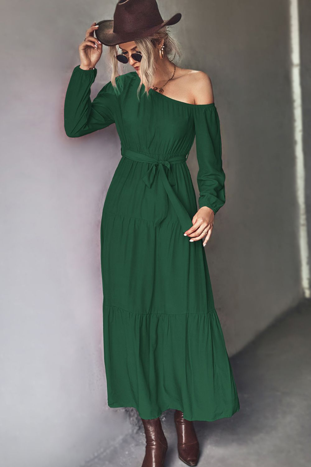 Belted One-Shoulder Tiered Maxi Dress - Green / S Apparel & Accessories Wynter 4 All Seasons