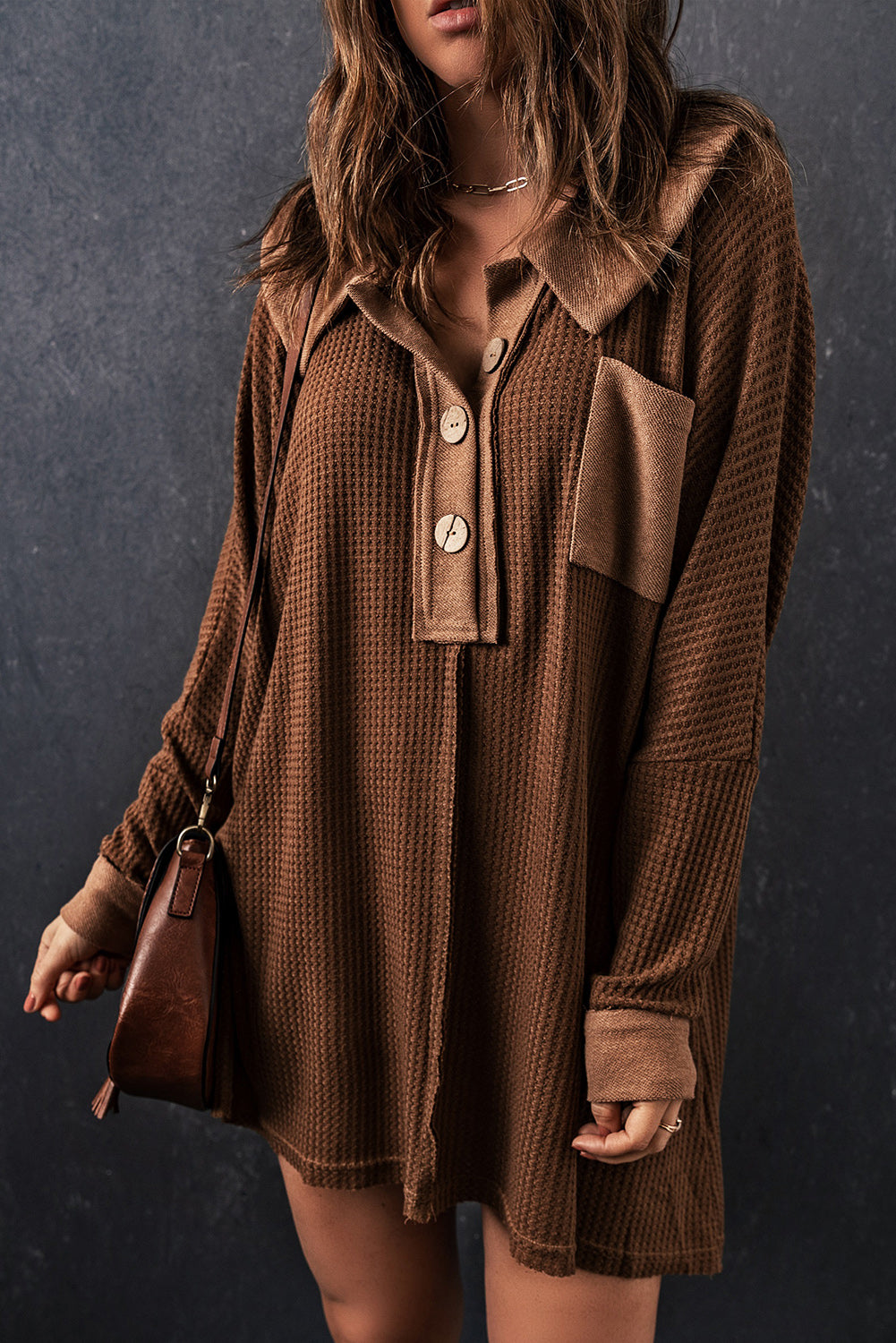 Waffle Knit Buttoned Long Sleeve Top with Breast Pocket - Brown / S Wynter 4 All Seasons