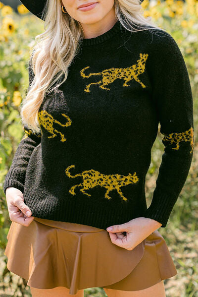 Animal Print Round Neck Sweater - Black / S Wynter 4 All Seasons
