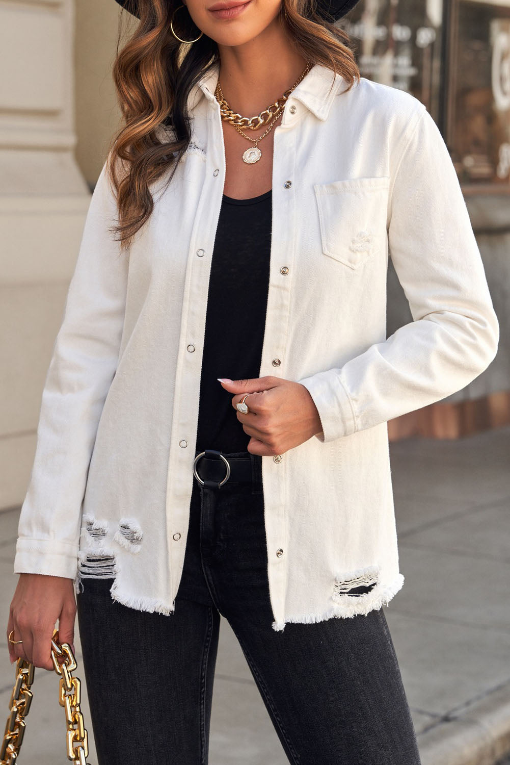 Distressed Snap Down Denim Jacket - White / M Apparel & Accessories Wynter 4 All Seasons