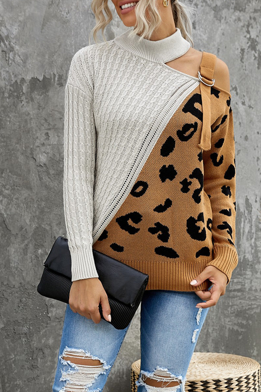 Leopard Block Turtleneck Sweater - White / S Apparel & Accessories Wynter 4 All Seasons