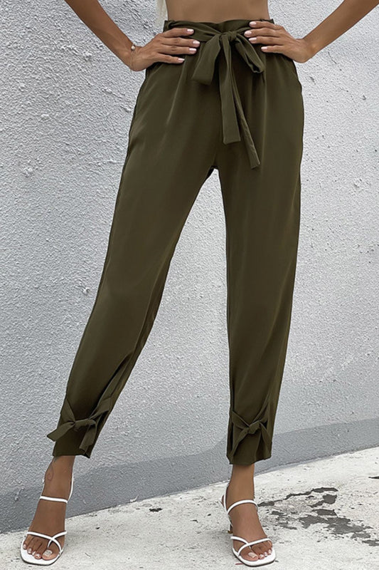 Tie Detail Belted Pants with Pockets - Olive / S Apparel & Accessories Wynter 4 All Seasons