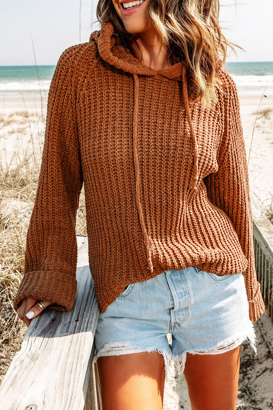 Rib-Knit Drawstring Hooded Sweater - Brown / S Apparel & Accessories Wynter 4 All Seasons
