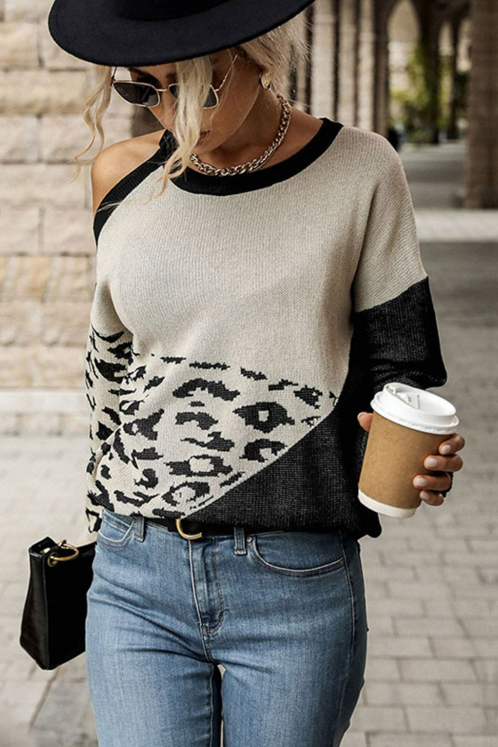 Leopard Color Block Cold-Shoulder Sweater Trendsi