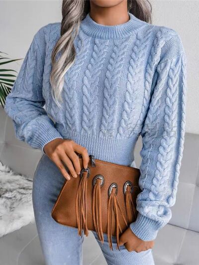 Cable-Knit Round Neck Cropped Sweater - Misty Blue / S Wynter 4 All Seasons