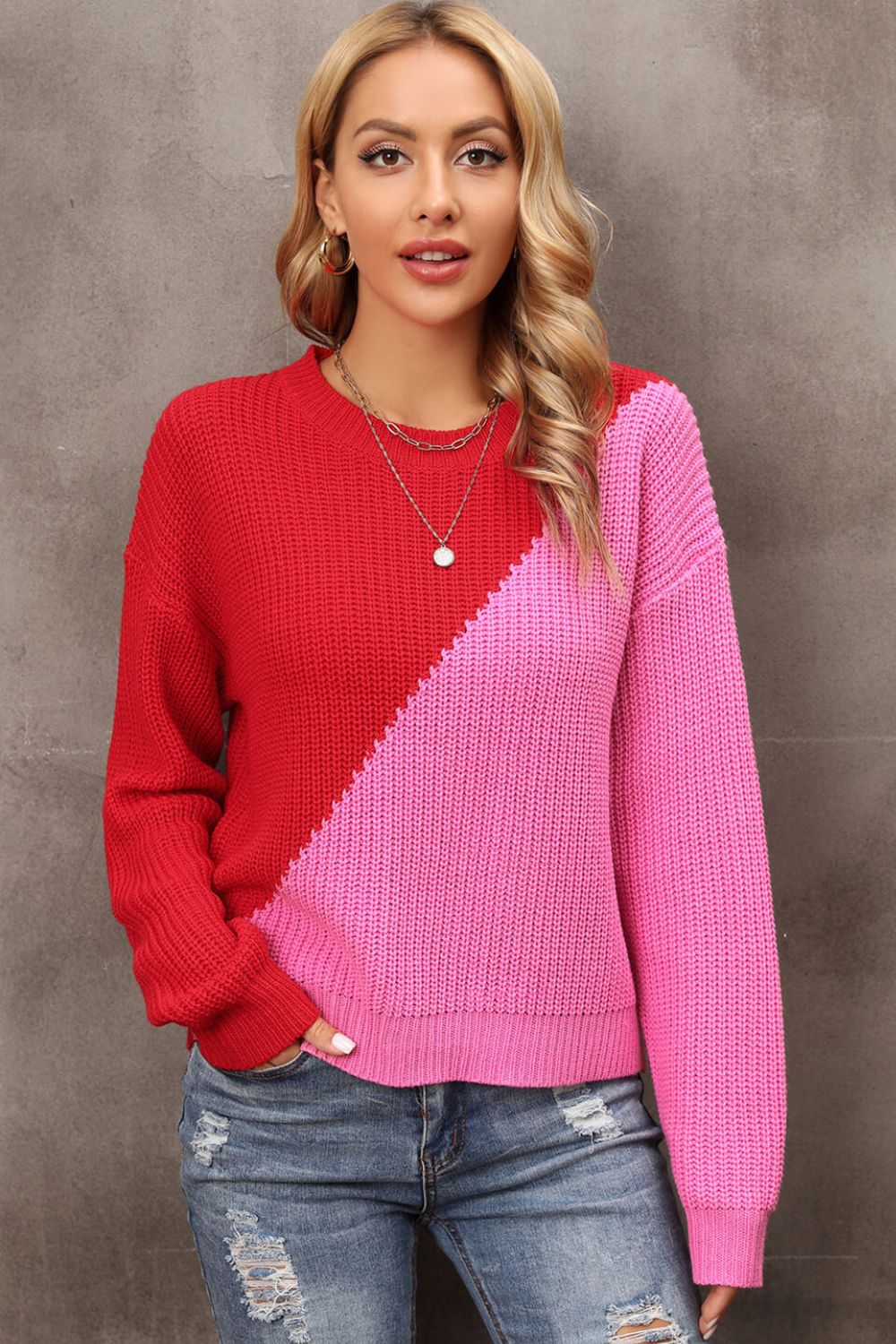 Two-Tone Round Neck Dropped Shoulder Sweater - Fuchsia/Red / S Wynter 4 All Seasons