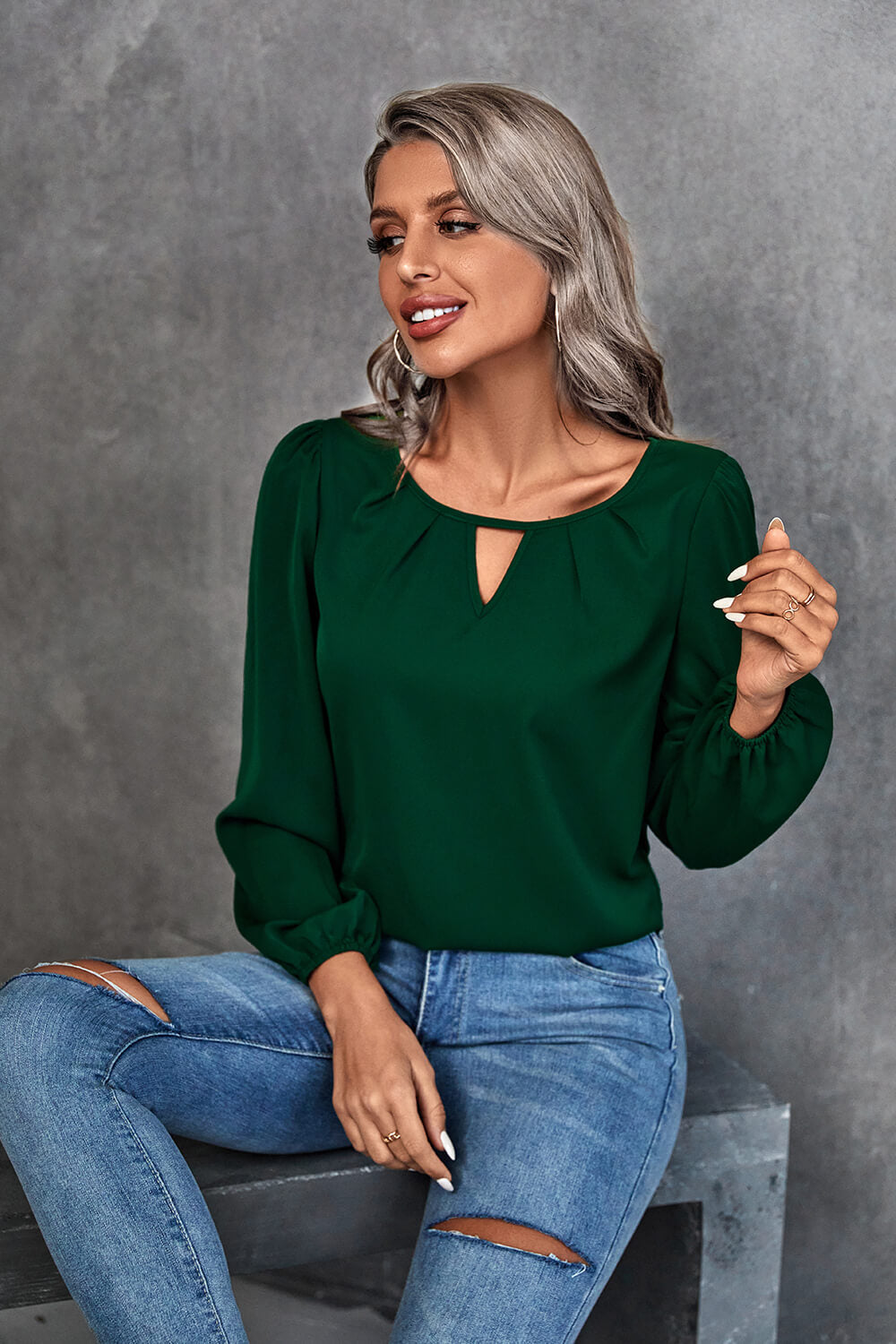 Pleated Detail Cutout Puff Sleeve Blouse Trendsi