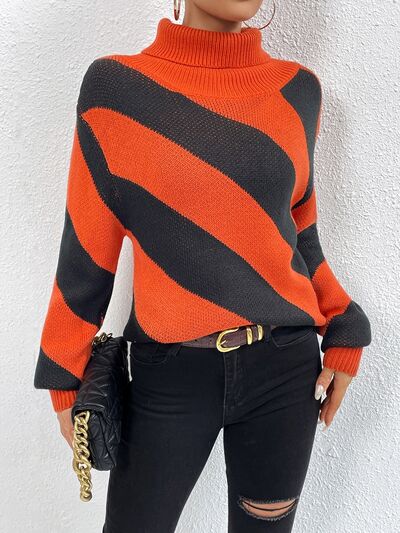 Striped Turtleneck Dropped Shoulder Sweater - Red Orange / S Wynter 4 All Seasons