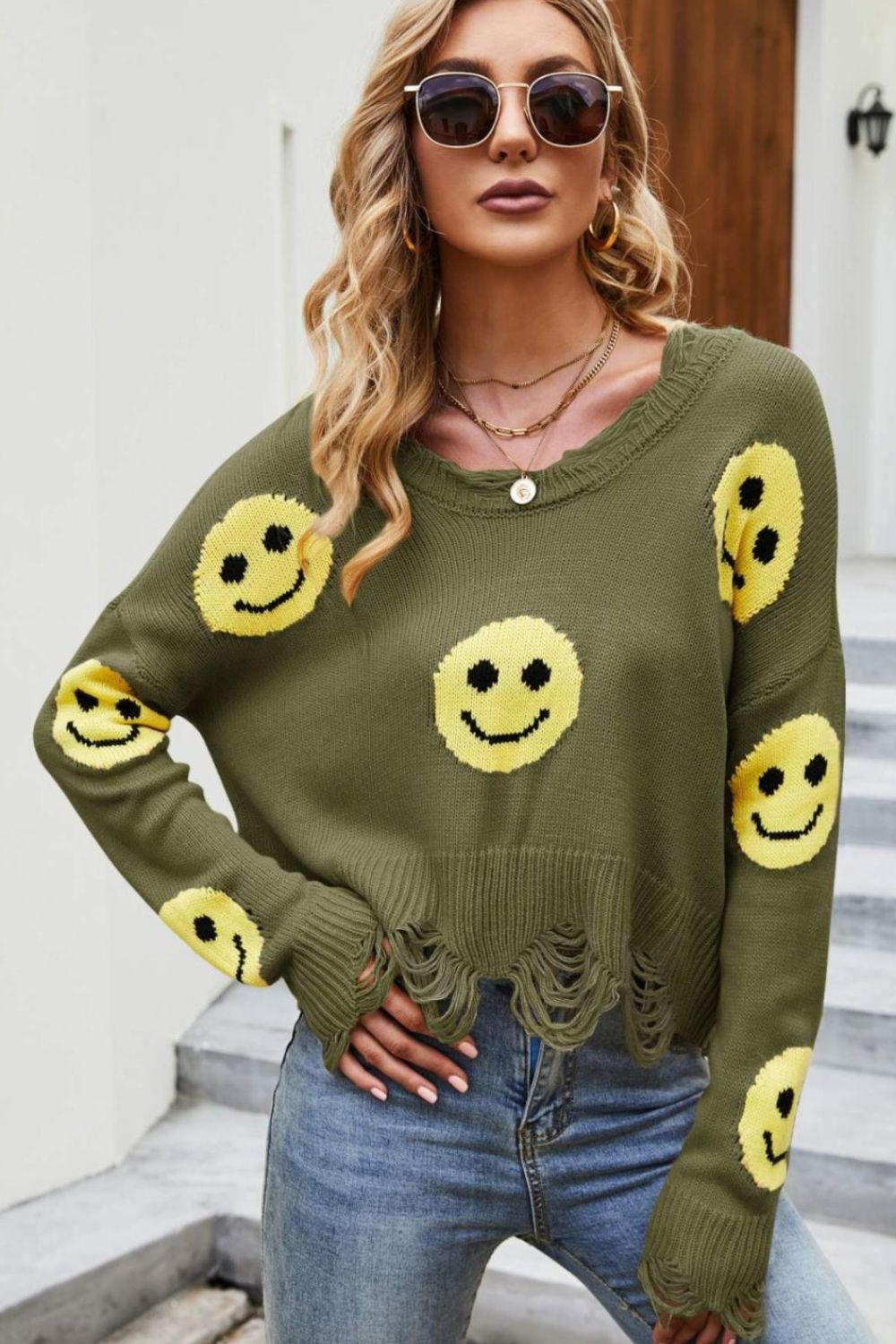 Smiley Face Distressed Round Neck Sweater - Green / S Apparel & Accessories Wynter 4 All Seasons