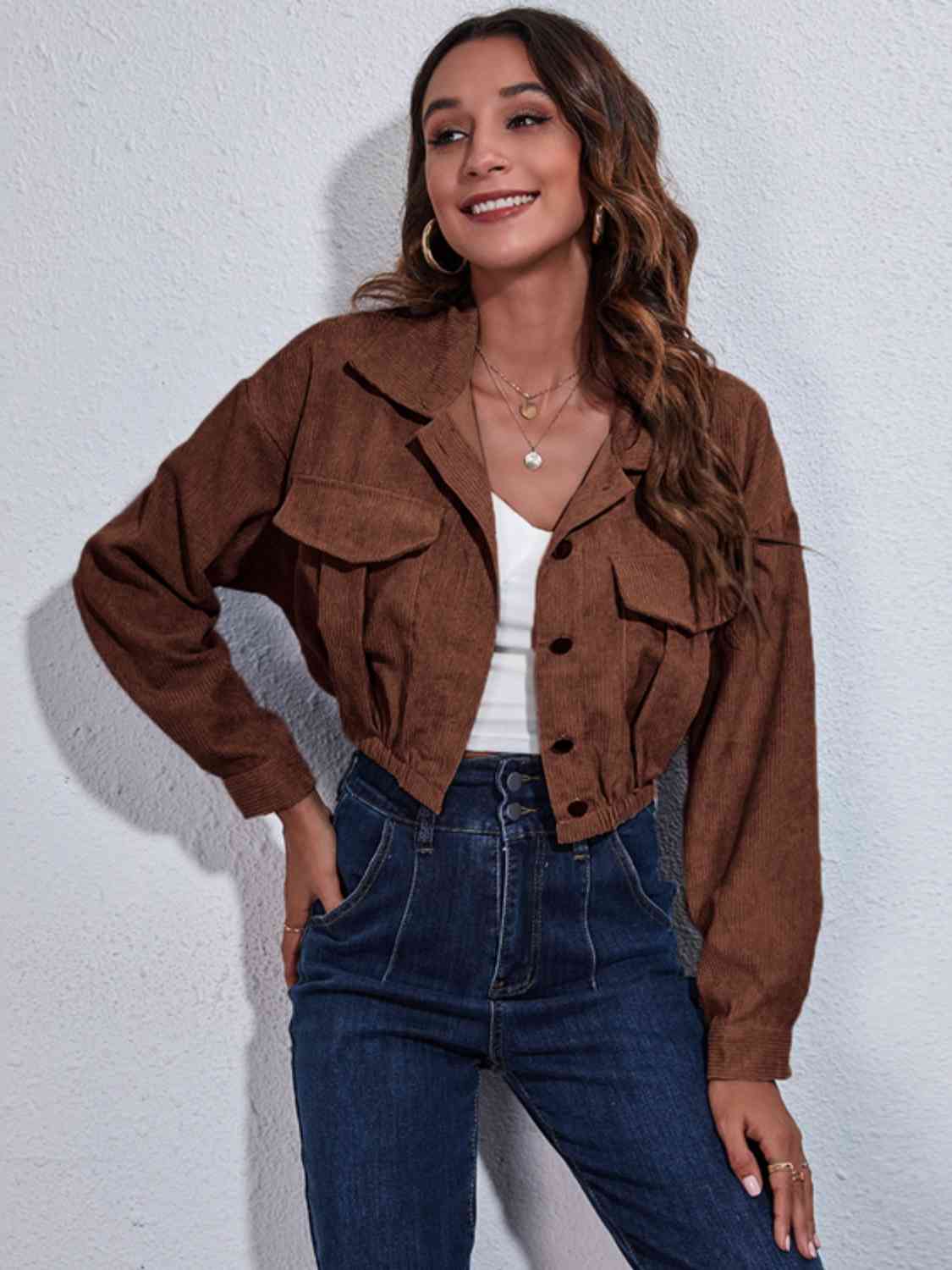 Collared Neck Dropped Shoulder Buttoned Jacket - Chestnut / S Wynter 4 All Seasons