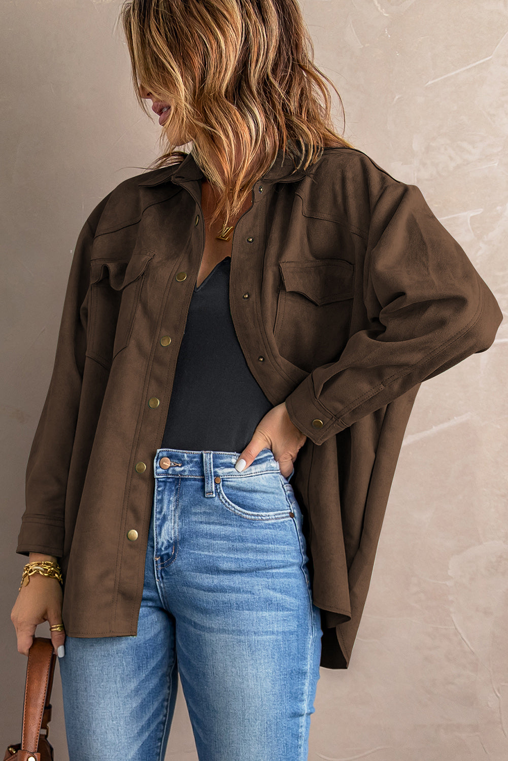 Suede Snap Front Dropped Shoulder Jacket - Brown / L Apparel & Accessories Wynter 4 All Seasons