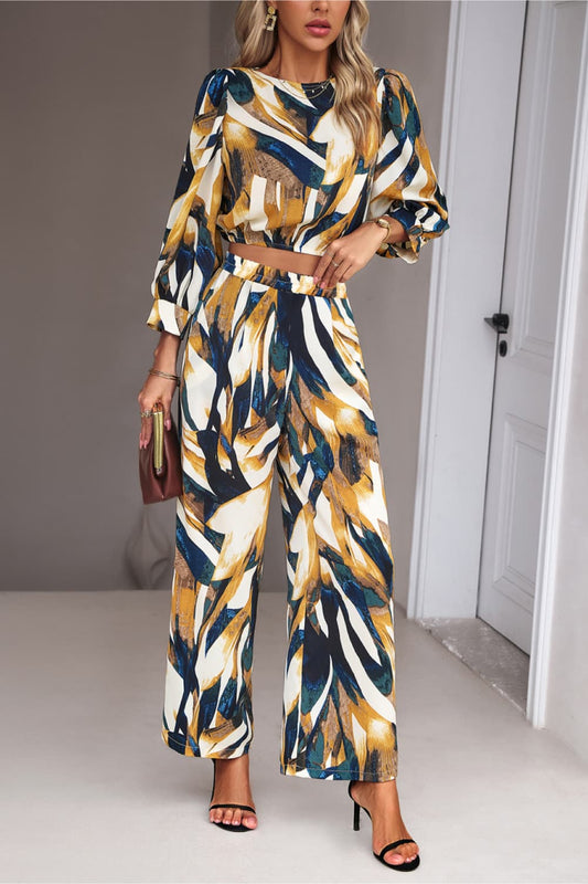Printed Cropped Top and Pants Set - Honey / S Wynter 4 All Seasons