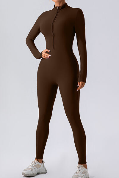 Half Zip Mock Neck Active Jumpsuit - Chocolate / S Wynter 4 All Seasons