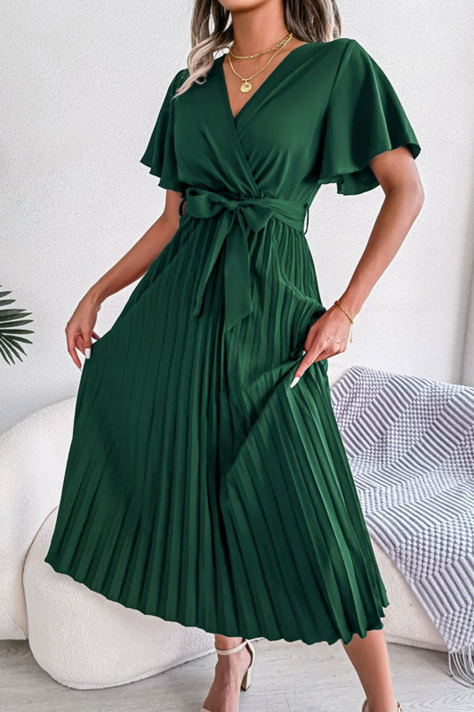 Pleated Flutter Sleeve Belted Dress - Green / S Apparel & Accessories Wynter 4 All Seasons