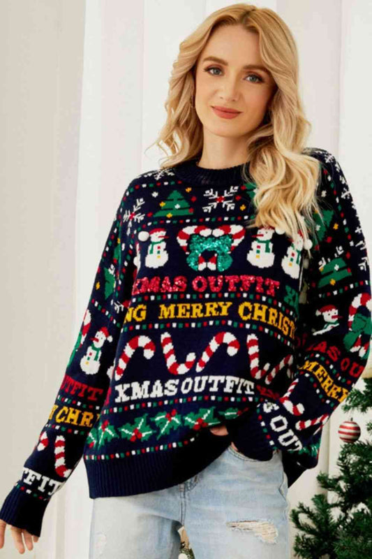 Christmas Print Crewneck Dropped Shoulder Sweater - Navy / S Wynter 4 All Seasons