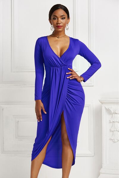 High-low Ruched Surplice Long Sleeve Dress - Royal Blue / S Wynter 4 All Seasons