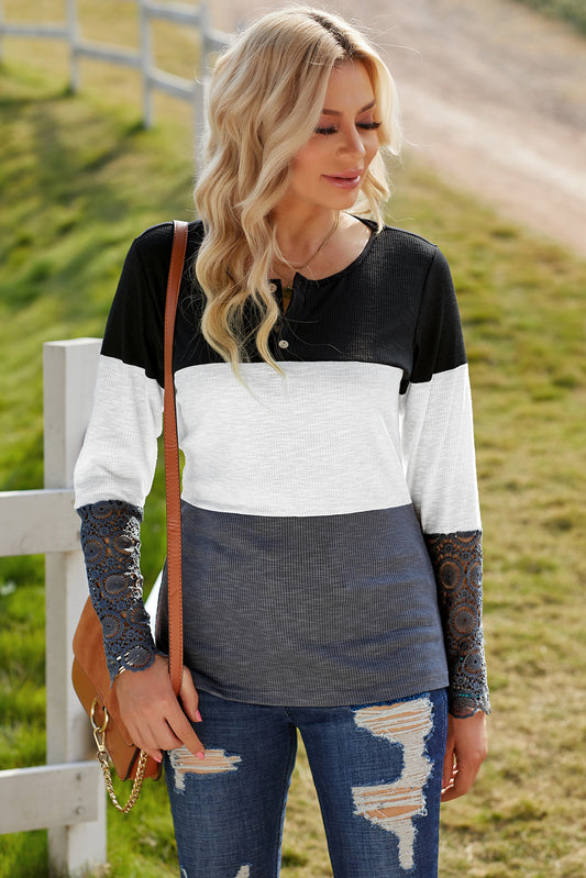 Color Block Spliced Lace Sleeve Ribbed Top - Gray/White / S Apparel & Accessories Wynter 4 All Seasons