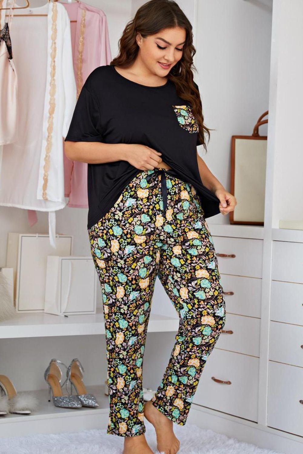 Plus Size Contrast Round Neck Tee and Floral Pants Lounge Set Trendsi
