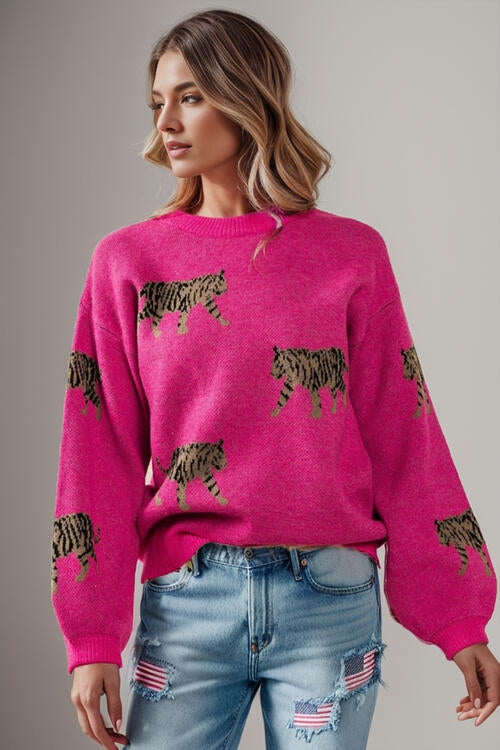 Tiger Pattern Round Neck Drop Shoulder Sweater - Hot Pink / M Wynter 4 All Seasons